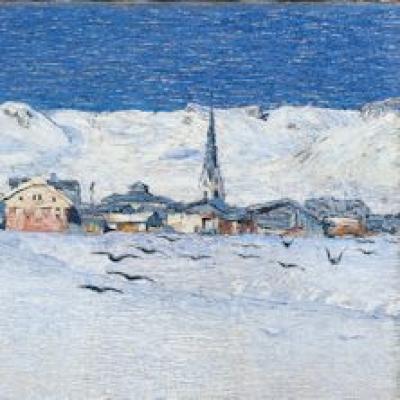 Savognino sotto la neve, olio su tela di Giovanni Segantini