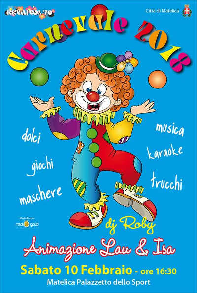 Festa di Carnevale per i piccoli al Palazzetto dello Sport di Matelica, promossa da Revaivol '70 con il patrocinio del Comune di Matelica. Sabato 10 febbraio 2018 dalle 16:30 alle 19:30. Dalle 21:30 la festa prosegue per gli adulti.