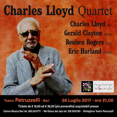 Charles Lloyd Quartet in concerto al Teatro Petruzzelli di Bari il 26 luglio 2017. Evento fuori programma di "Nel Gioco del Jazz".