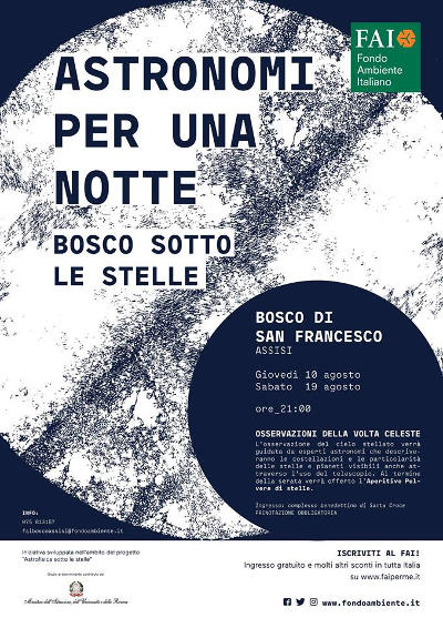 Astronomi per una Notte: Il Bosco sotto le Stelle, Complesso Benedettino di Santa Croce ad Assisi, 10 agosto 2017. Osservazione della volta celeste a cura del FAI. © FAI - Fondo Ambiente Italiano, FAI - Bosco di San Francesco. Astronomi per una Notte: Il Bosco sotto le Stelle, Complesso Benedettino di Santa Croce ad Assisi, 10 agosto 2017. Osservazione della volta celeste a cura del FAI. © FAI - Fondo Ambiente Italiano, FAI - Bosco di San Francesco.